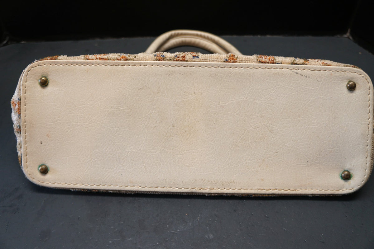 Cream Floral Cut Chenille Carpet Bag Purse 1960s