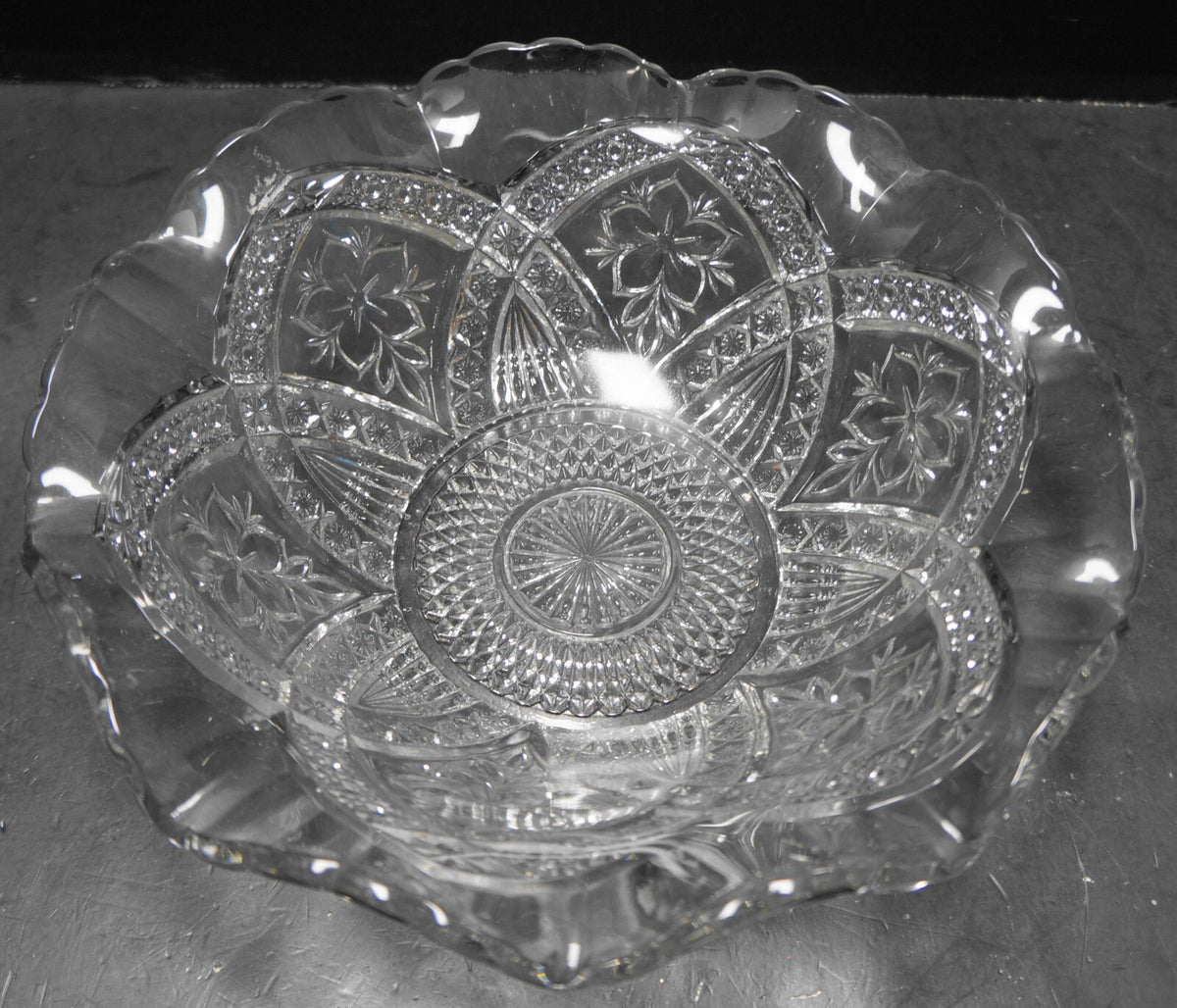 Indiana Glass Flower Medallion EAPG Ruffled Bowl 9 IN