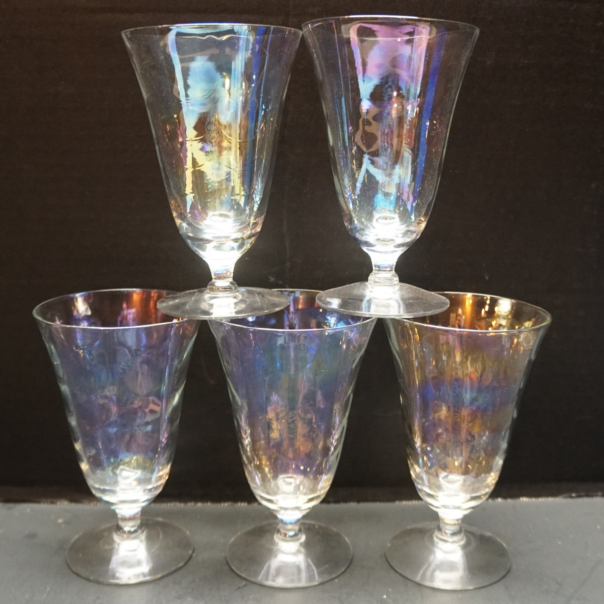 West Virginia Glass Iridescent Luster Loop Optic Mermaid Scale Iced Teas Set 5