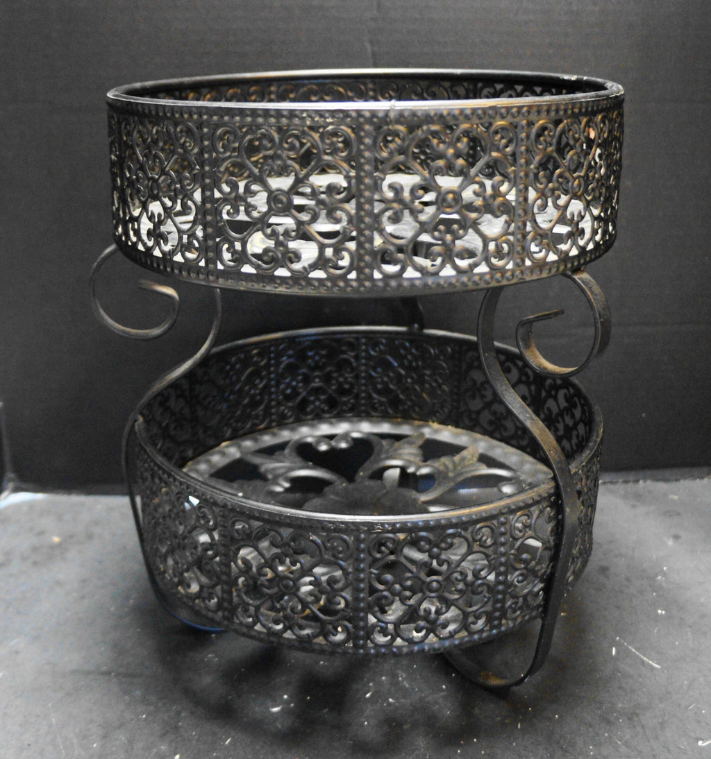 Black Metal Filigree Old World Spanish Style Two Tier Fruit Basket Plant Stand