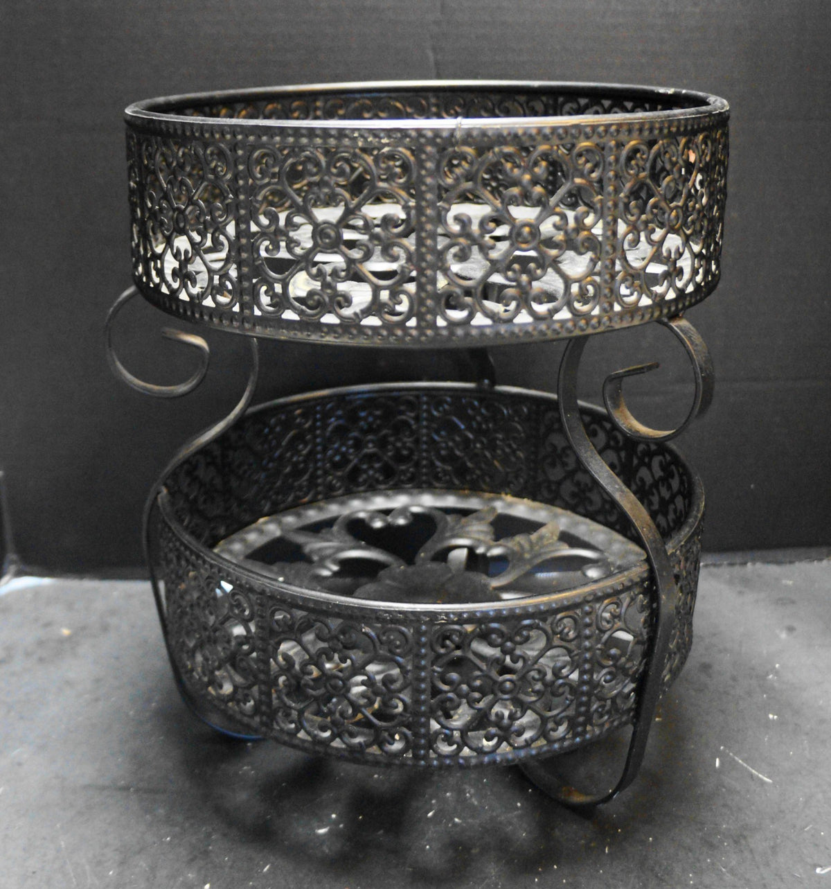 Black Metal Filigree Old World Spanish Style Two Tier Fruit Basket Plant Stand