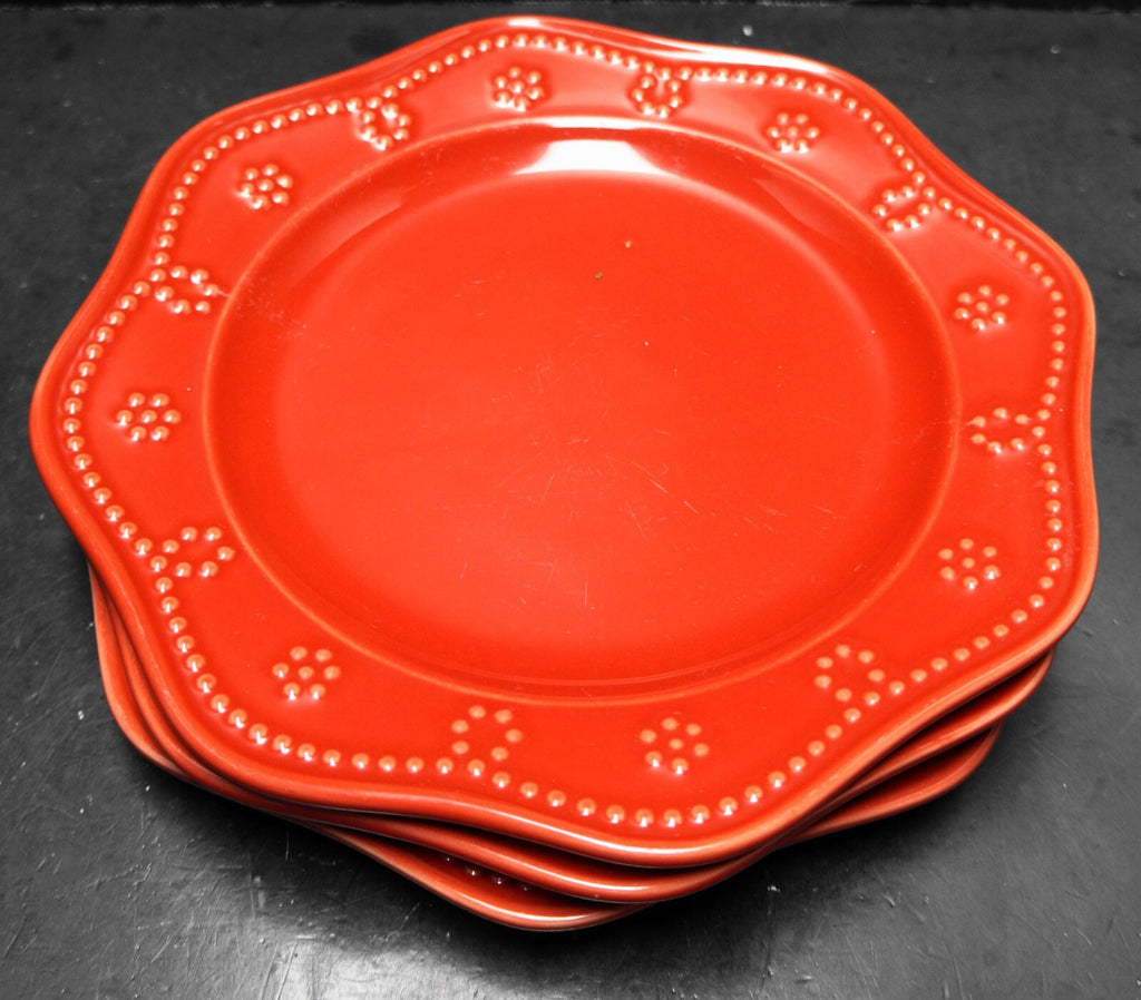 Food Network Fontinella Red Dinner Plates Set of 3 Embossed Beads Scalloped