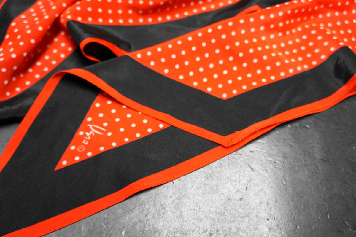 Vera Silk Scarf Oblong Red White Polka Dots Black Border