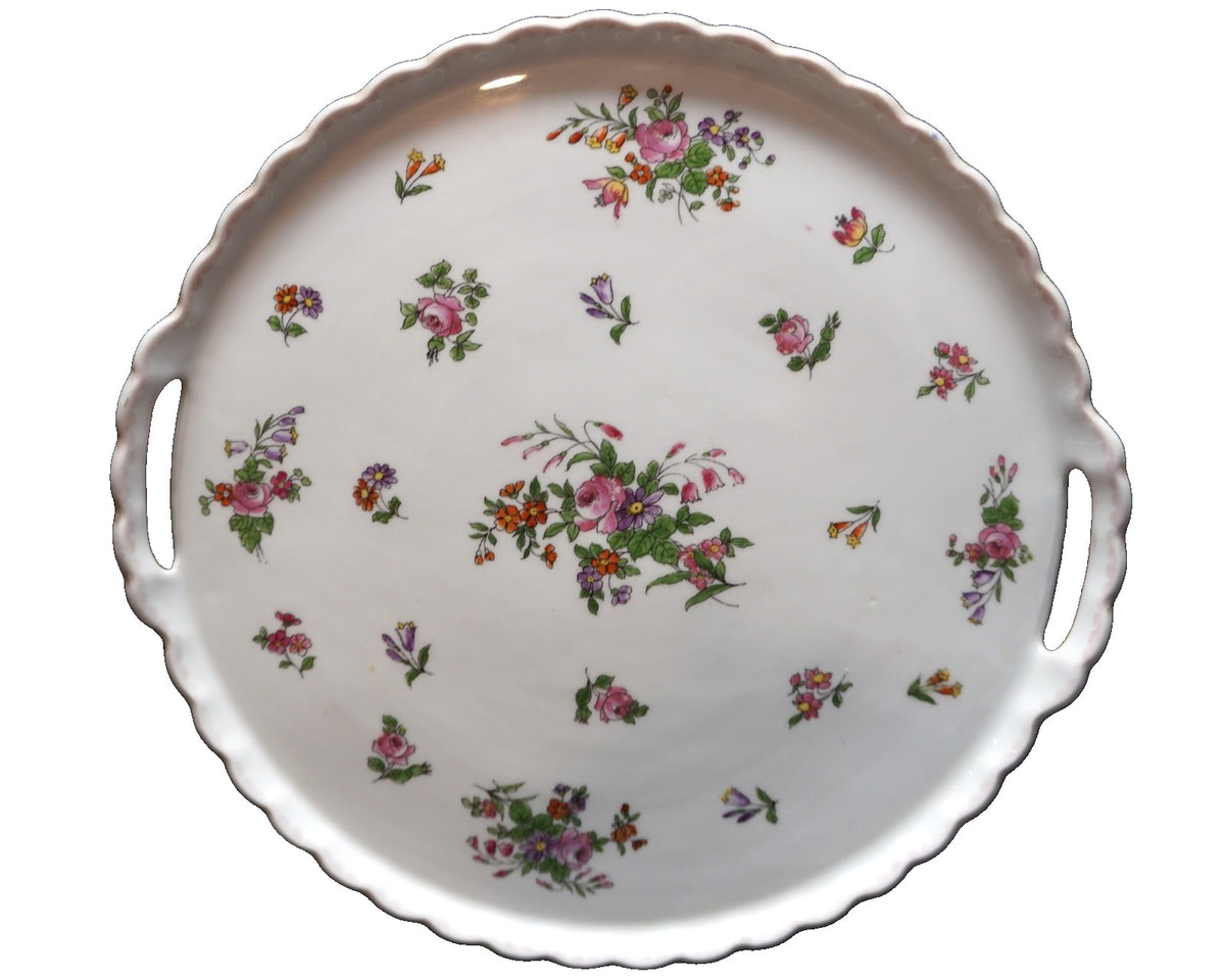 Victoria Austria Roses Floral Scalloped Rim Handled Cake Plate