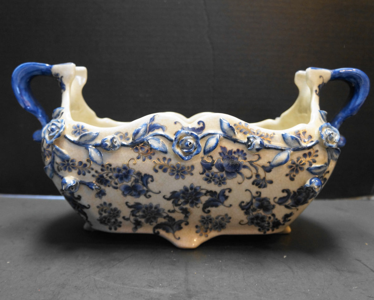 Blue White Rectangle Planter Embossed Flowers Crackle Glaze China
