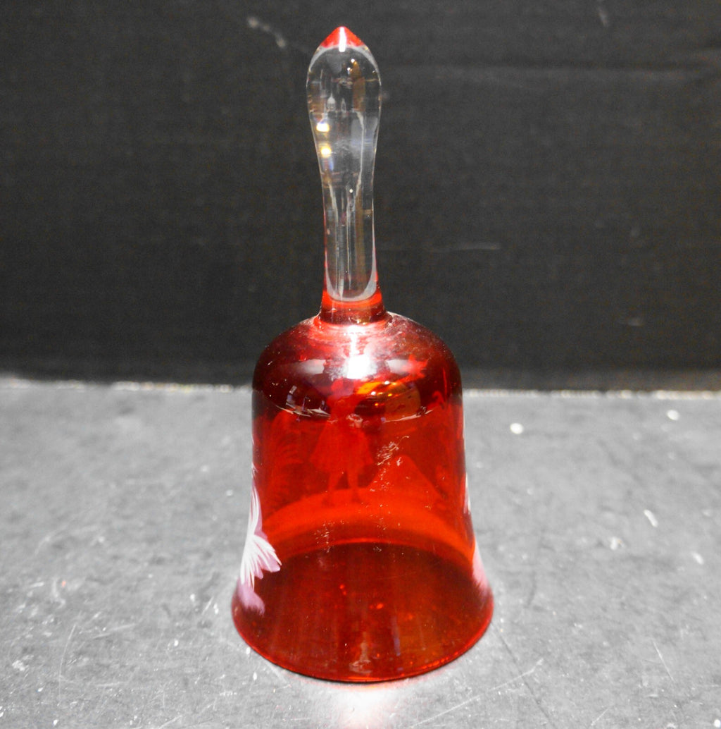 Mary Gregory Red Glass White Enamel Paint Girl With Bird Bell Clear Handle