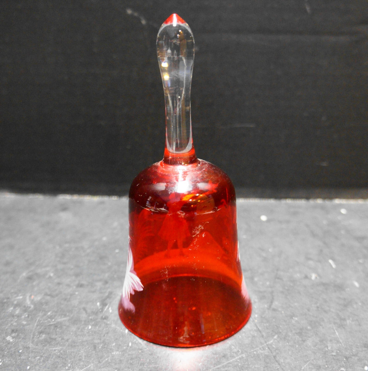 Mary Gregory Red Glass White Enamel Paint Girl With Bird Bell Clear Handle