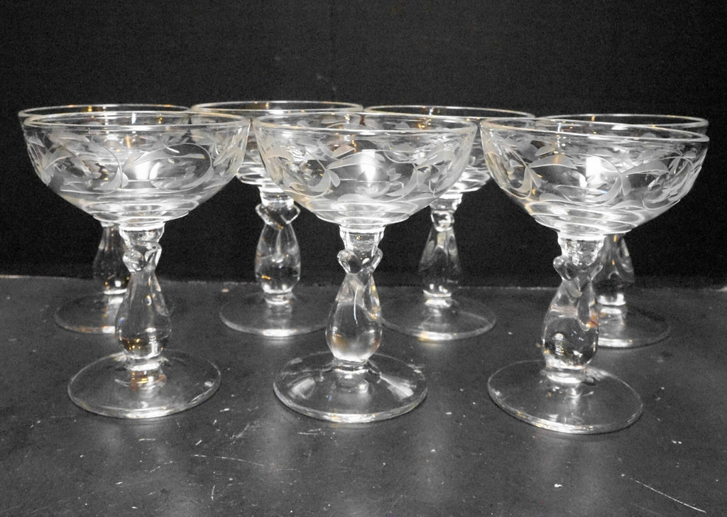 Heisey Moonglo Moonglow Cut 1540 Stem Heavy Pressed Champagnes Tall Sherbets Set
