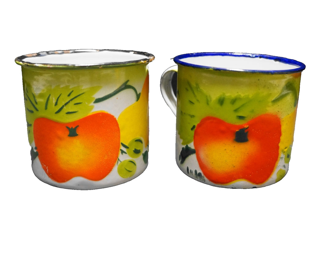 Fruit Airbrushed Enamel Mugs Pair Vintage