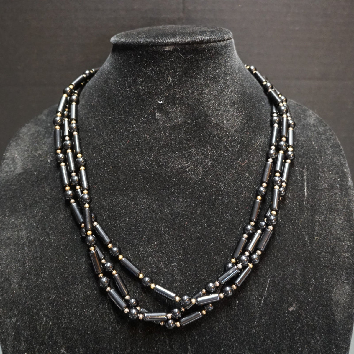 Vintage Black Lucite Tube Ball Beads Triple Strand Necklace