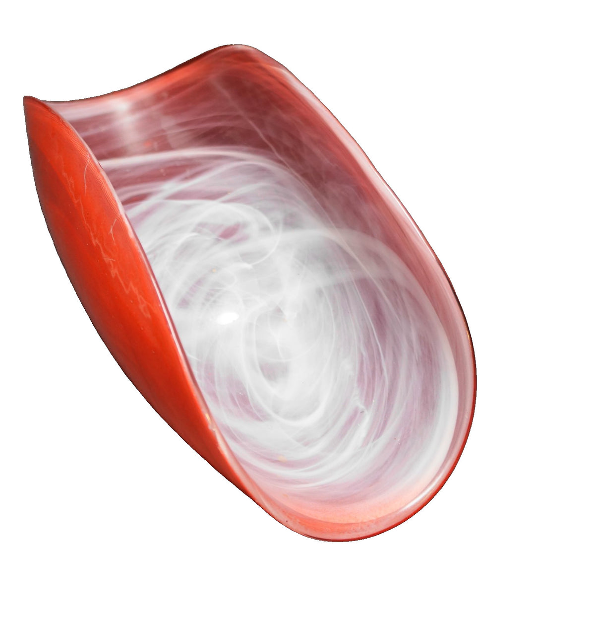 Red White Swirl Marbled Art Glass Curved Dish