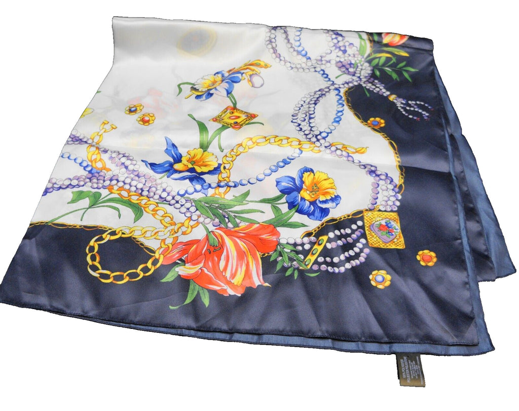 Tessago Italy Satin Polyester Scarf Floral Beads Jewels Print Blue White