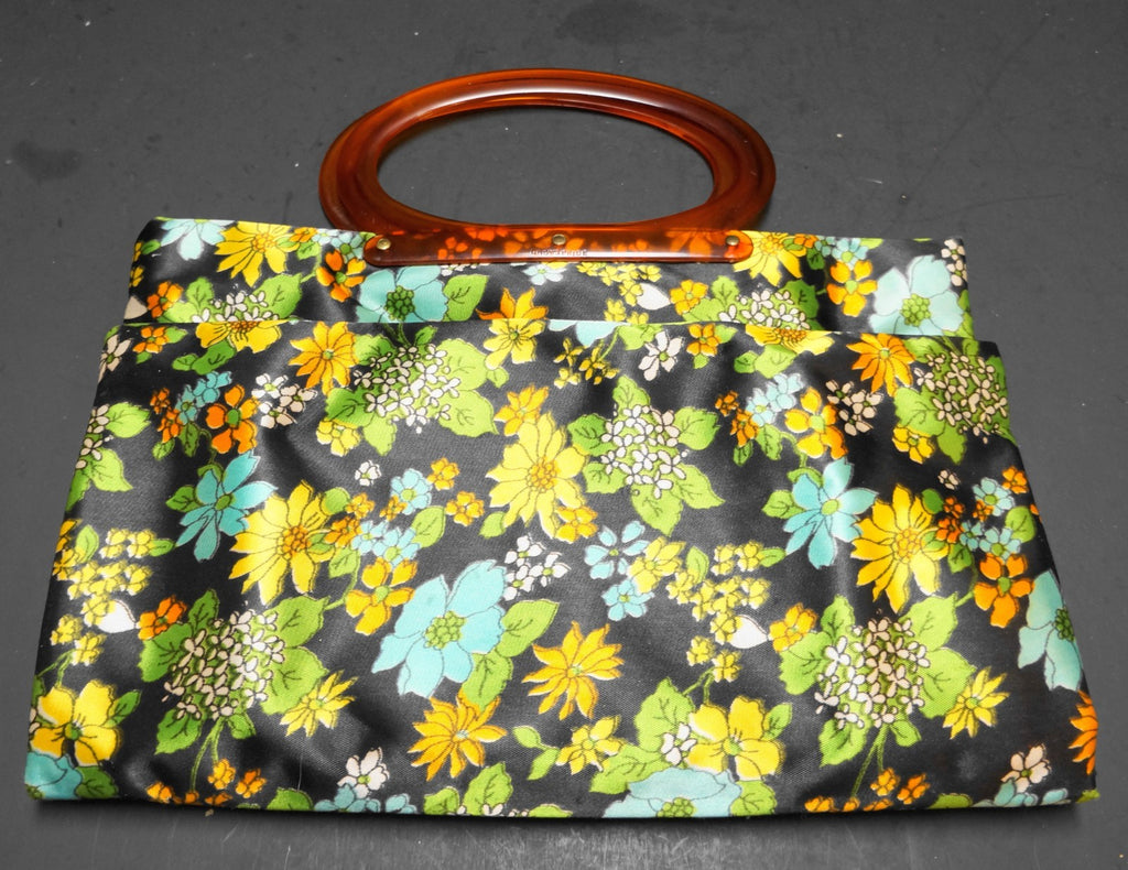 Lady's Pride Satin Floral Folding Tote Bag Clutch 1960s Flower Power Lucite Hand