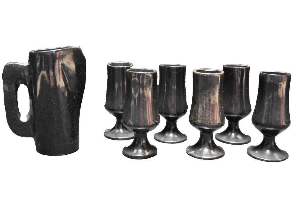 Carved Black Onyx Stone Mini Pitcher Shot Glasses Set 7 Pieces