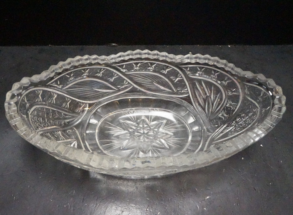 Cut Crystal Oval Gondola Relish Bowl Stars Curves Leaves