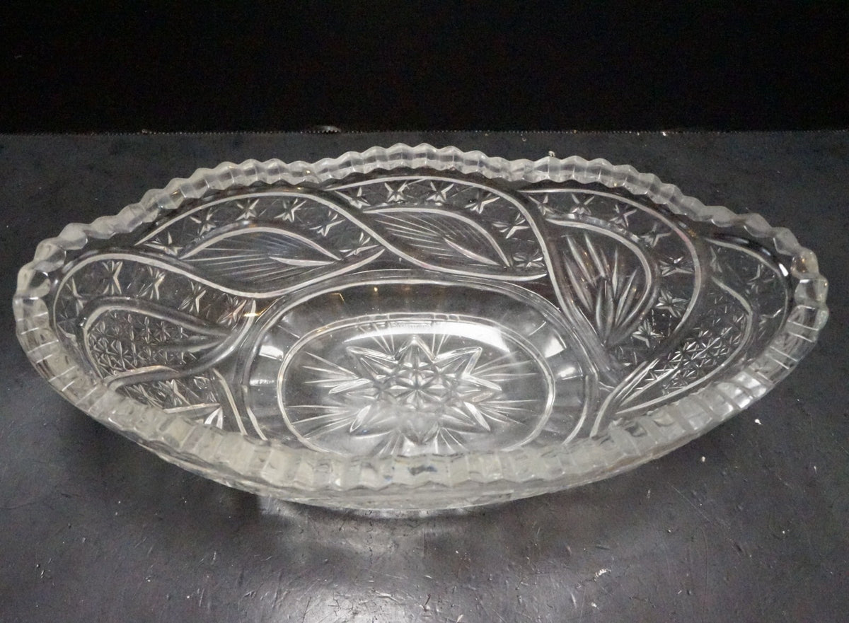 Cut Crystal Oval Gondola Relish Bowl Stars Curves Leaves