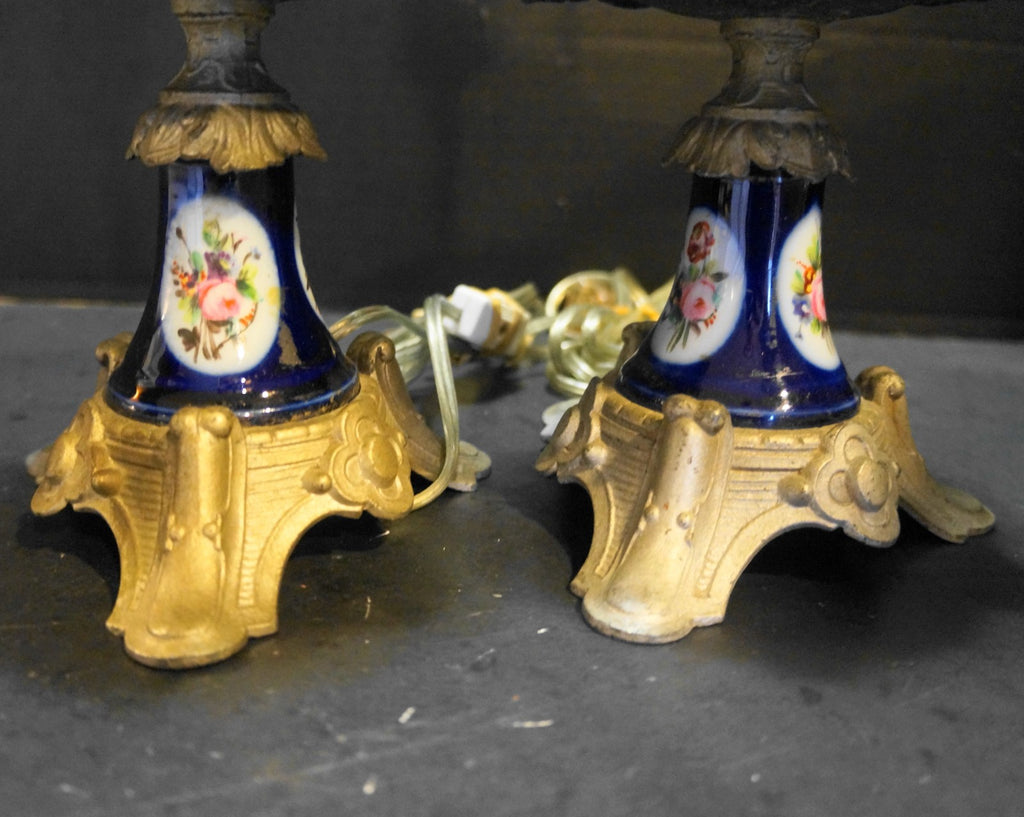 Hand Painted Roses Cobalt Blue Small Electric Table Lamps