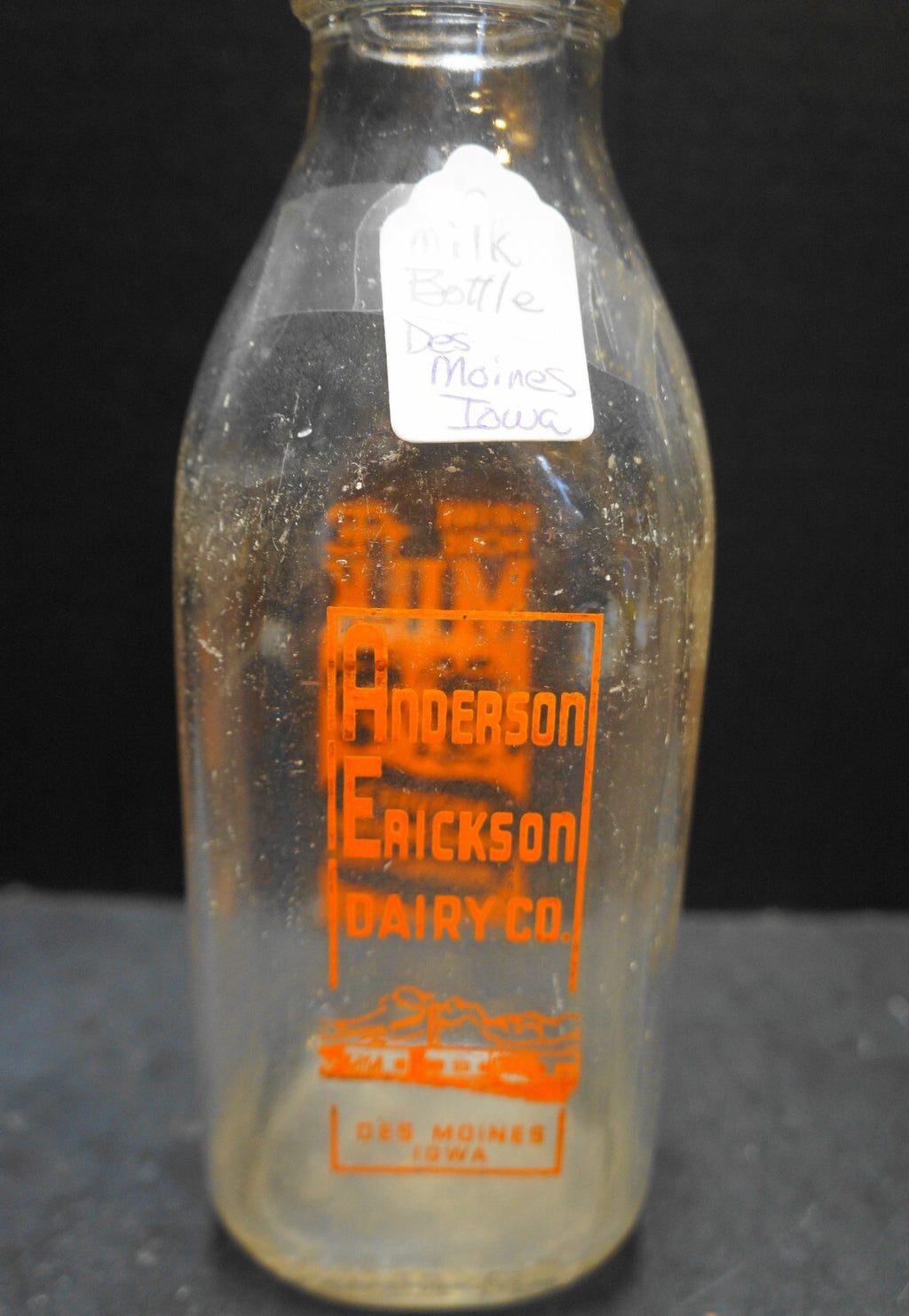 Anderson Erickson Dairy Go. Quart Milk Bottle Orange Print