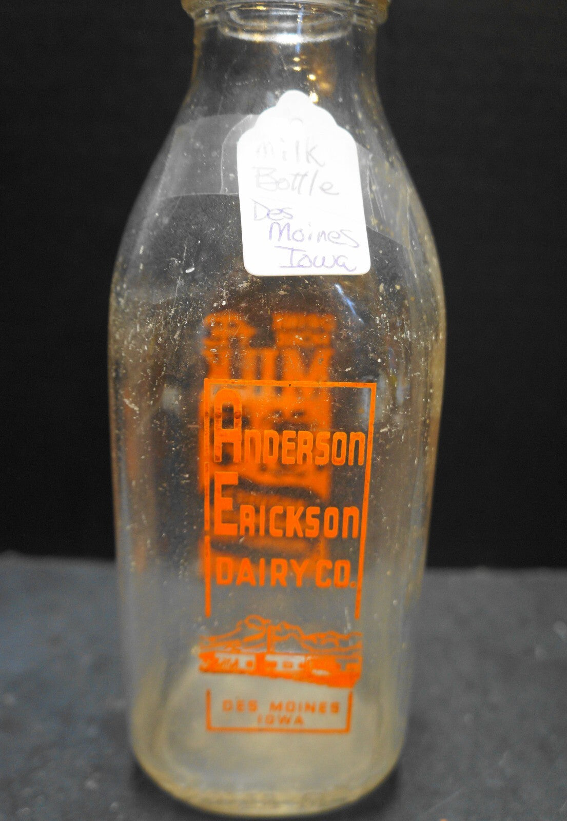 Anderson Erickson Dairy Go. Quart Milk Bottle Orange Print