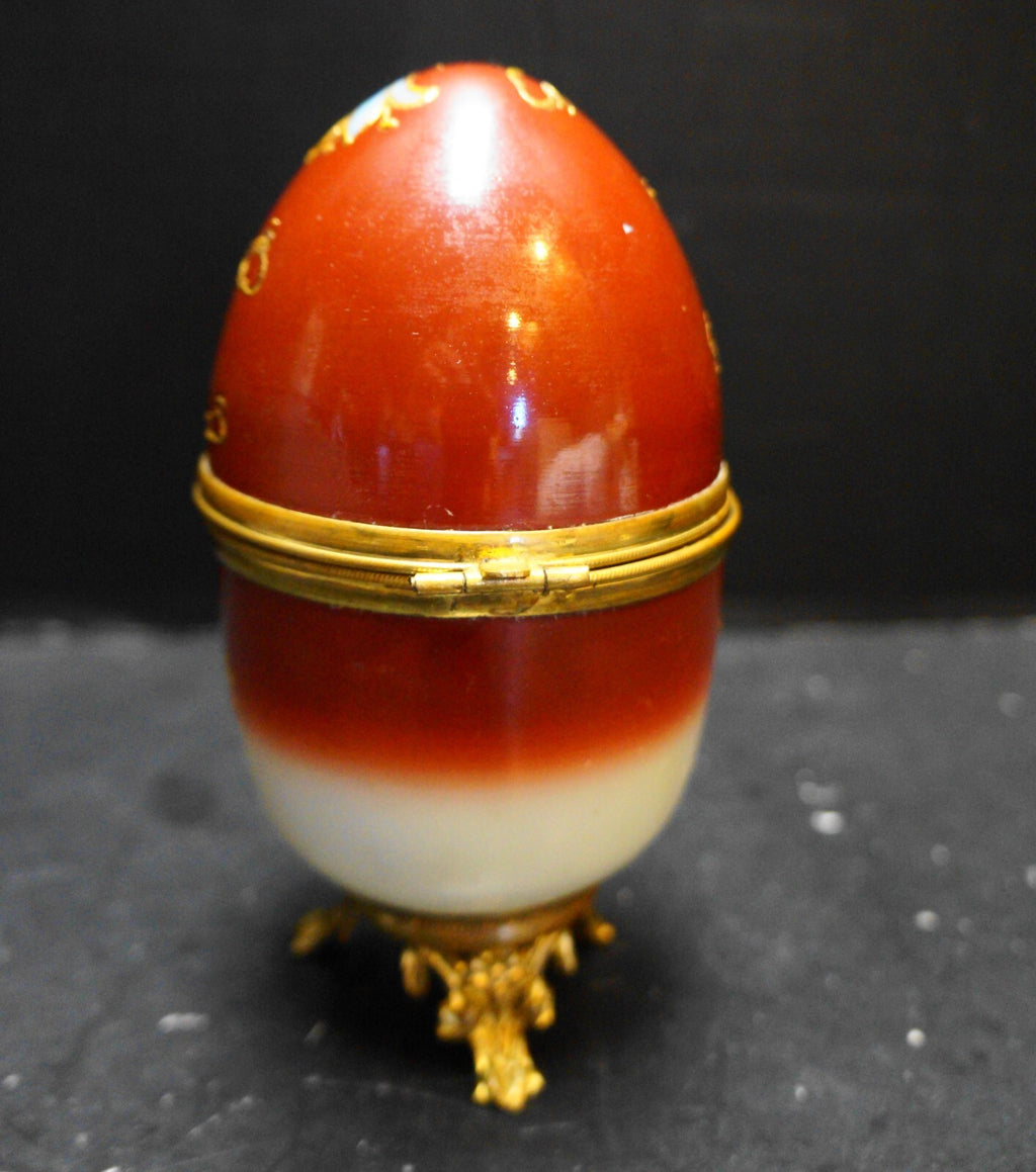 Hand Painted Opal Milk Glass Egg Rust Fade Transfer Portraits Gold Trim Box