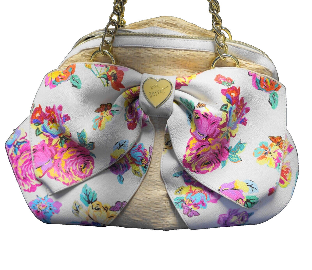 Betsey Johnson Big Bow Straw Floral Beach Summer Purse Satchel