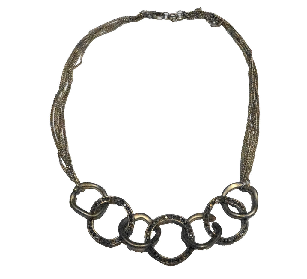 Antiqued Gold Tone Chocolate Brown Rhinestone Link Necklace