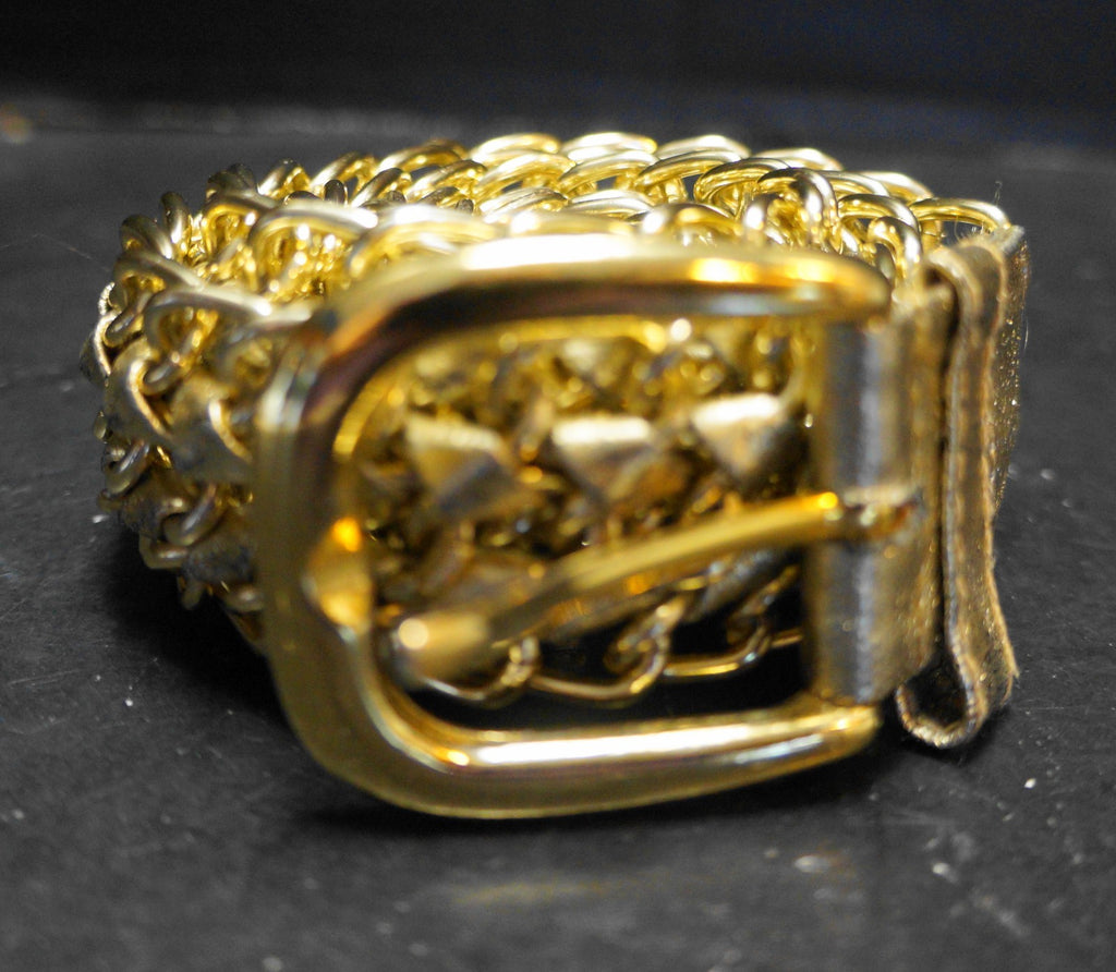 Gold Tone Metal Chain Woven Leather Women's Belt S/M