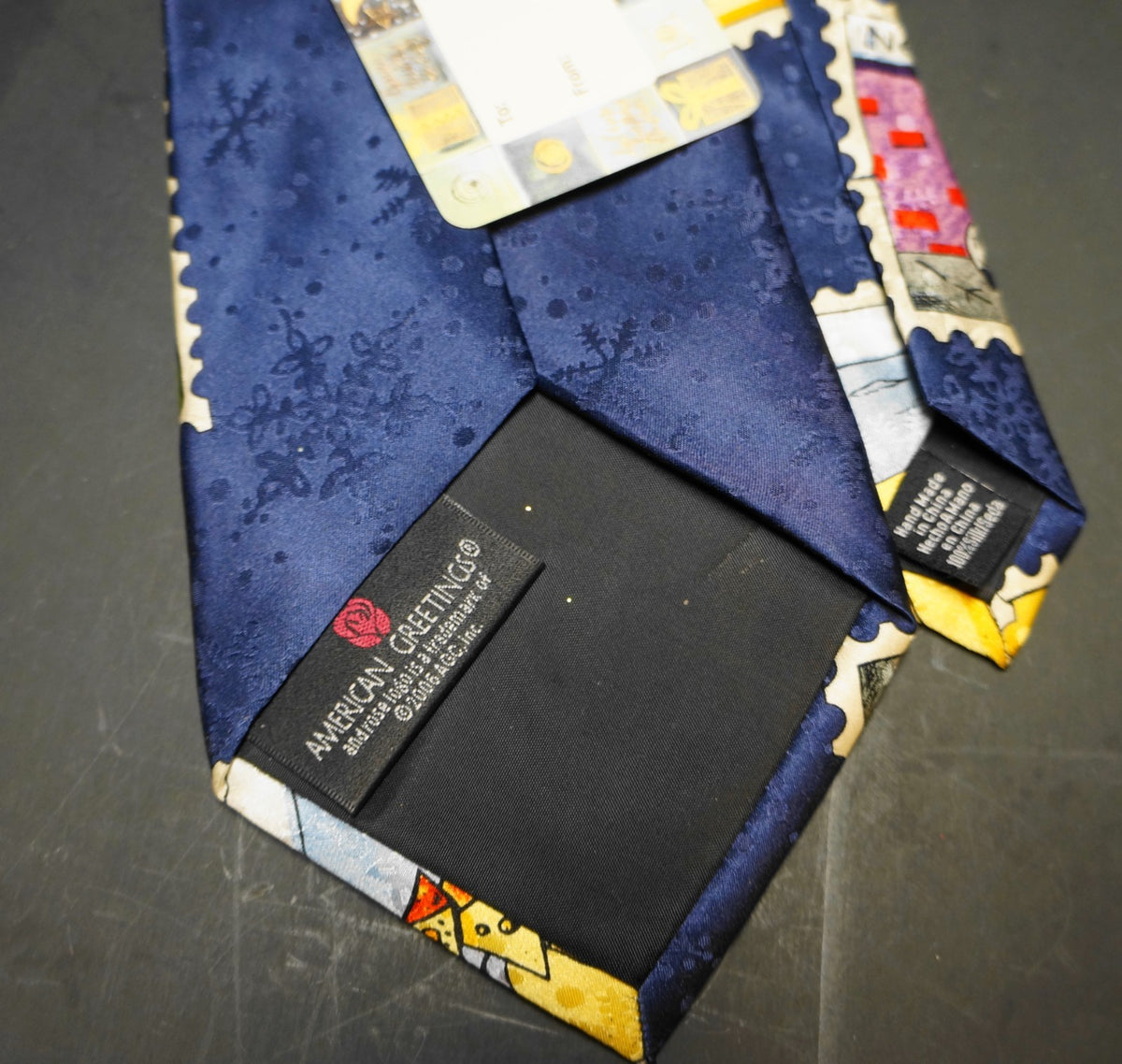 American Greetings Snowmen Around the World Stamps Navy Blue Silk Tie