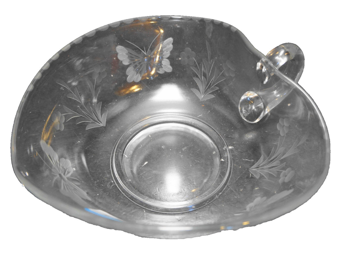 Butterfly Flowers Cut Clear Glass Heart Shaped Nappy Bowl
