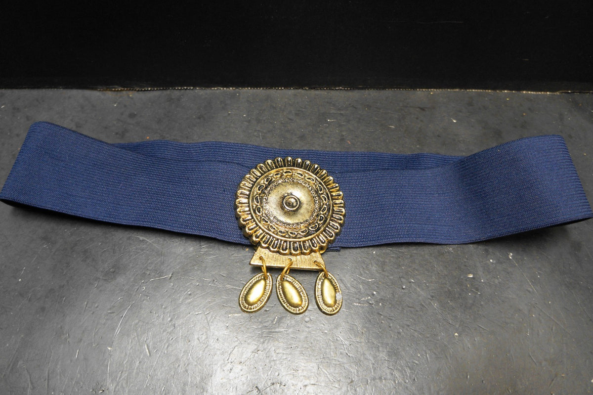 Ginger Propper Two Blondes Navy Blue Stretch Belt 1980s Medallion Buckle