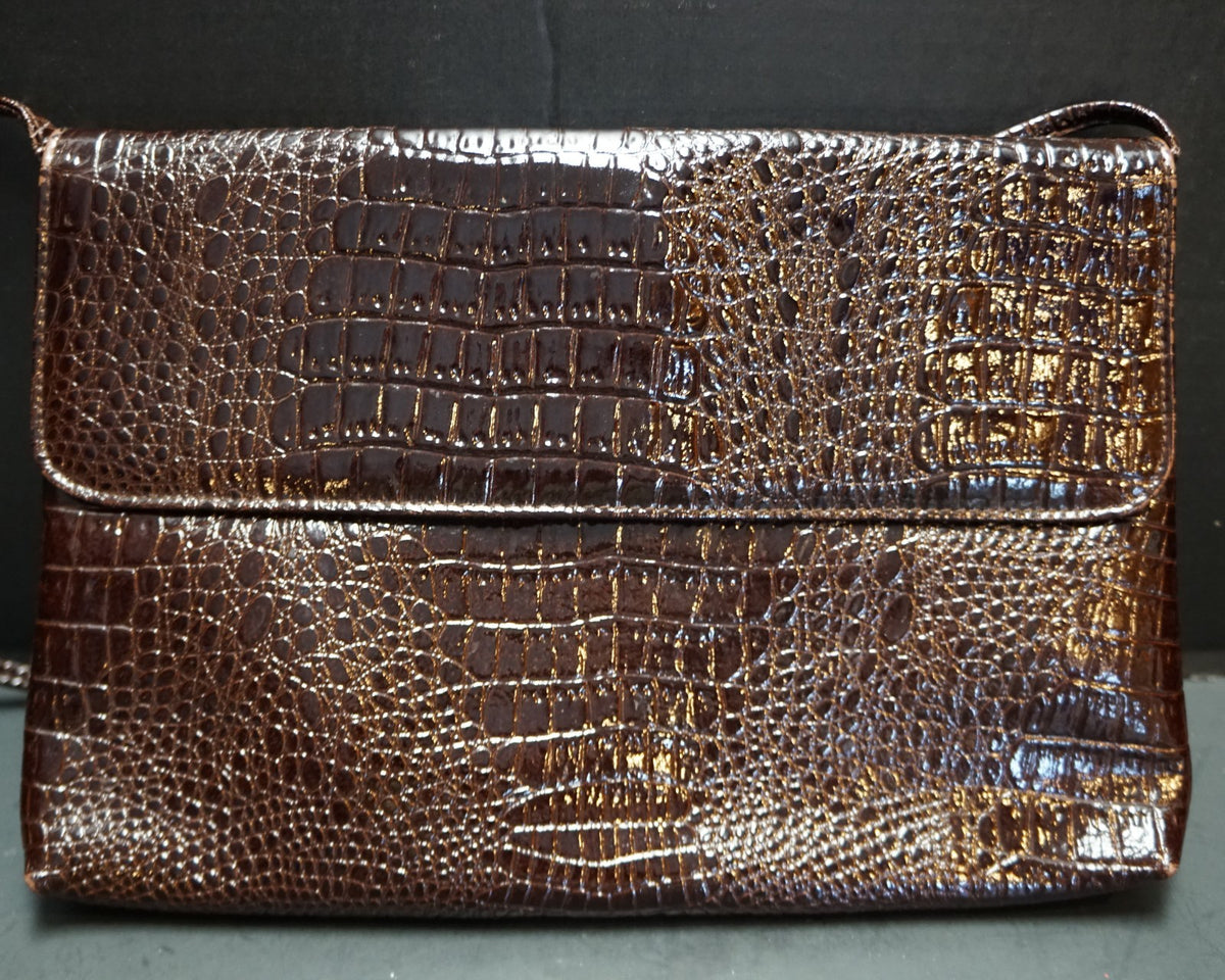Dark Brown Moc Crock Patent Imitation Leather Shoulder Bag Purse Taiwan