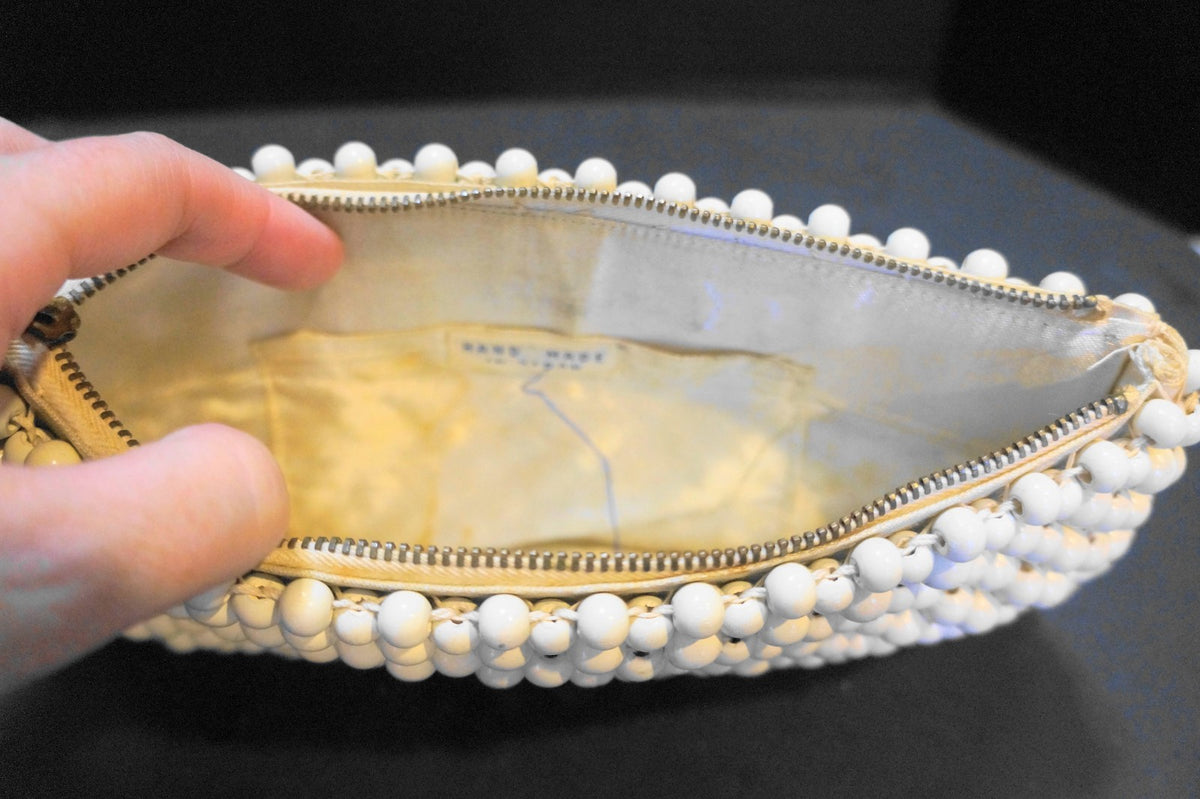 Vintage Cream Wooden Bead Clutch Purse Made in Japan