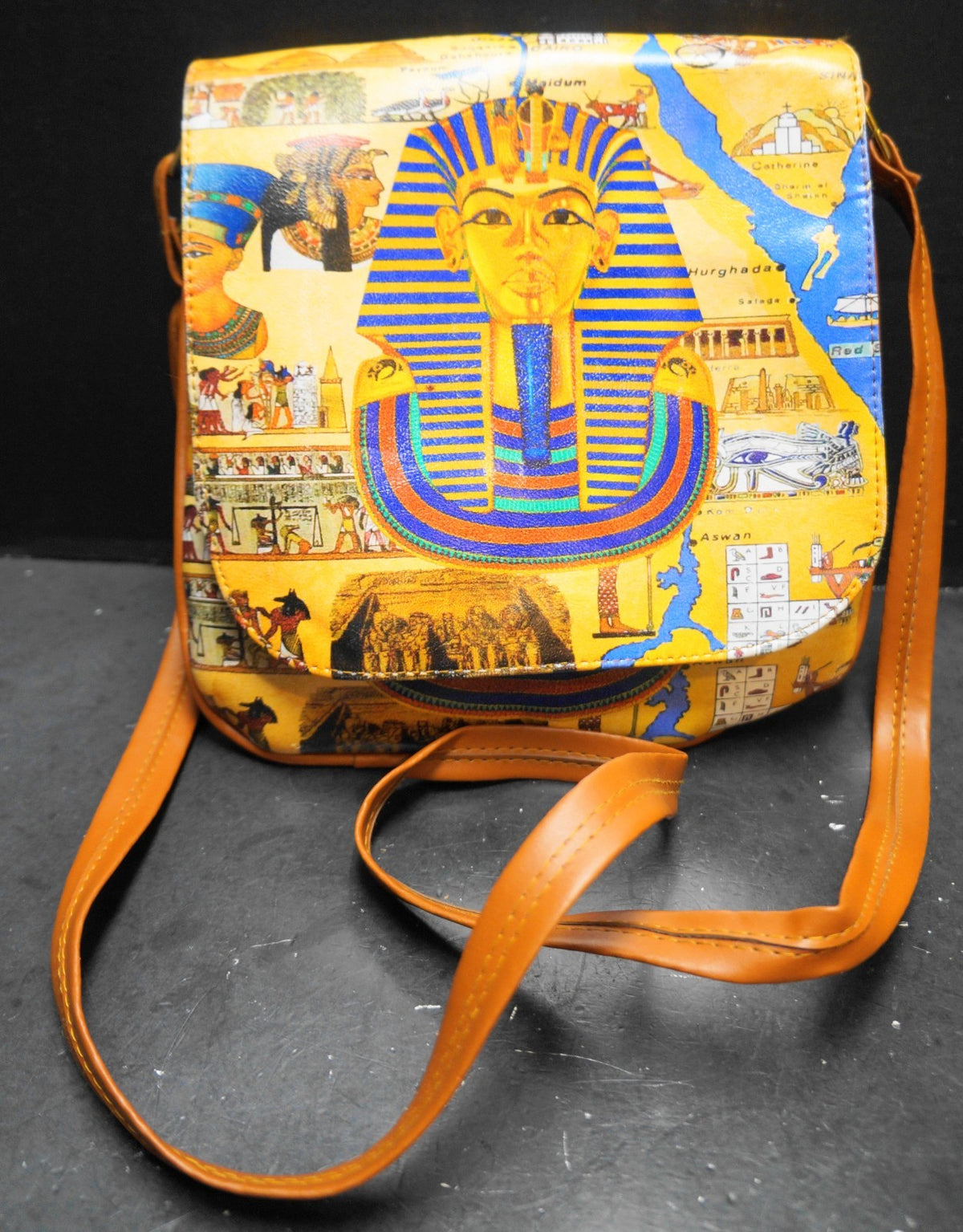 King Tut Pharoah Egypt Printed Purse Blue Gold Brown Vinyl
