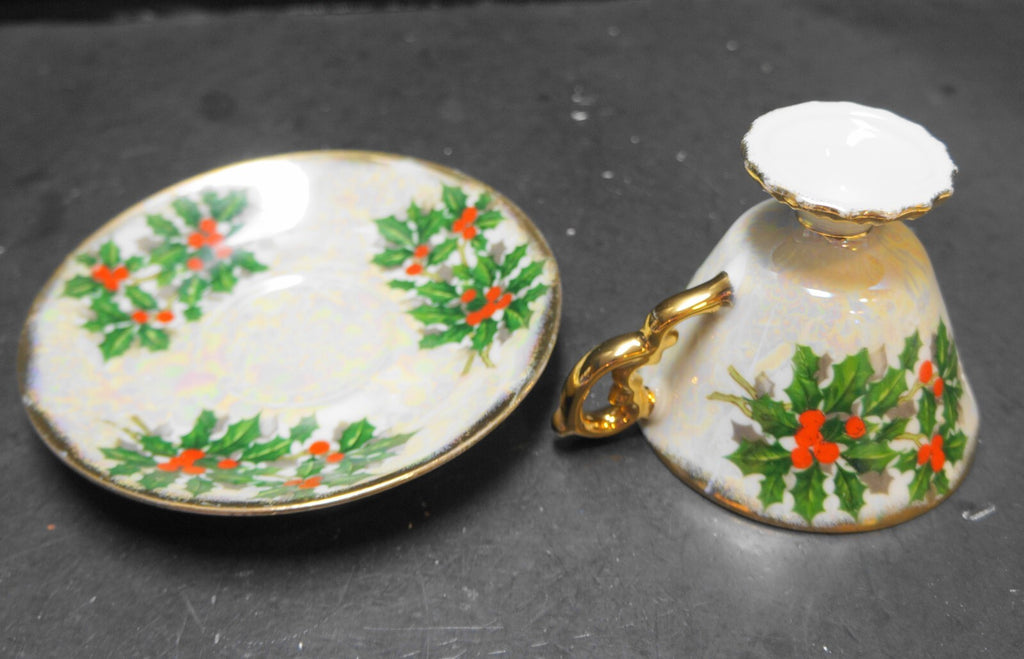 Ucagco December Holly Lusterware Cup Saucer 1950s