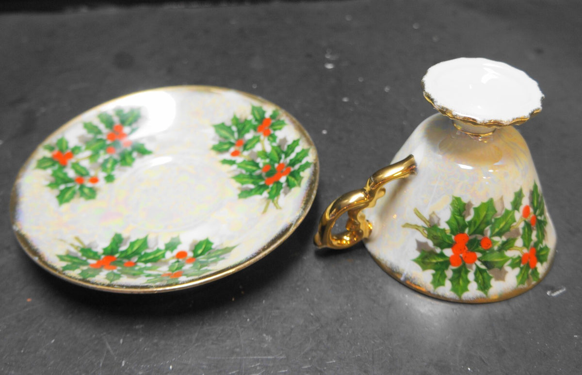 Ucagco December Holly Lusterware Cup Saucer 1950s