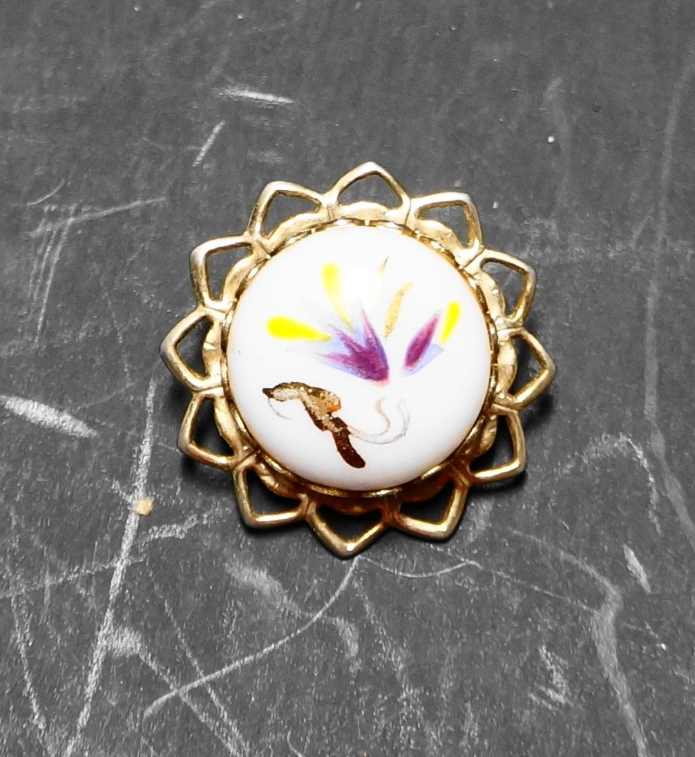 Hand Painted Flower Porcelain Pin Brooch Small Round