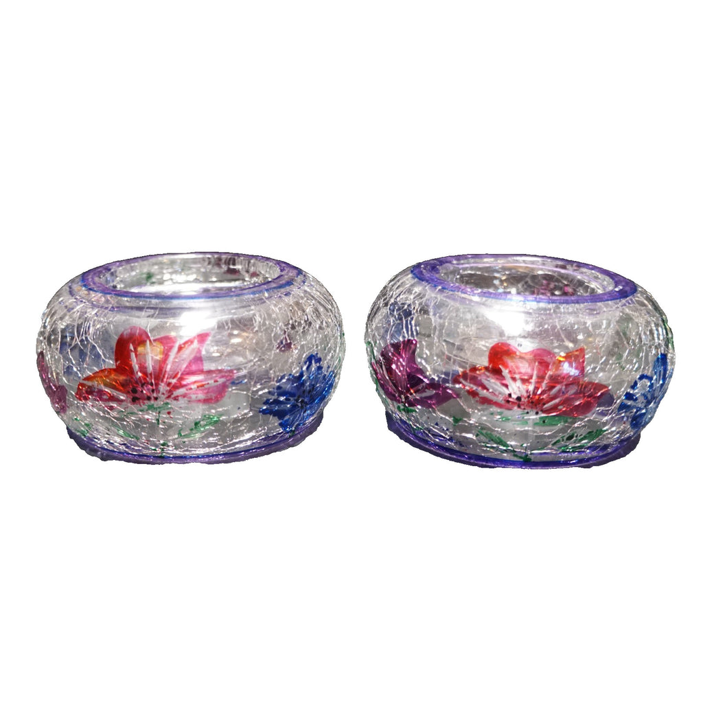 Yankee Candle Crackle Glass Floral Hand Painted Tea Light Votive Candle Holders
