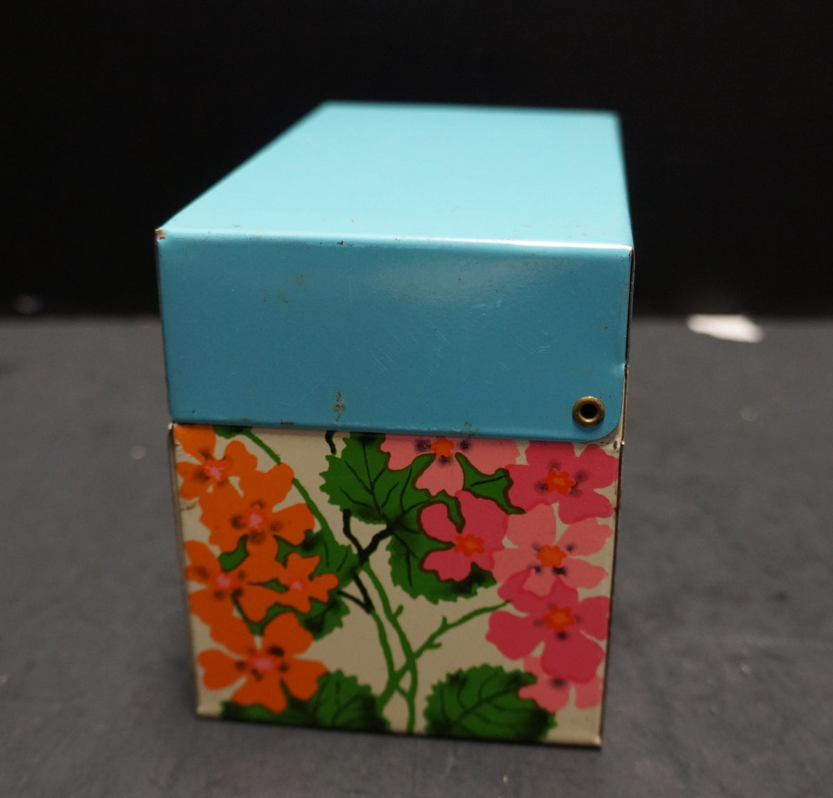 Ohio Art Recipe Box Sky Blue Lid Pink Orange Flowers