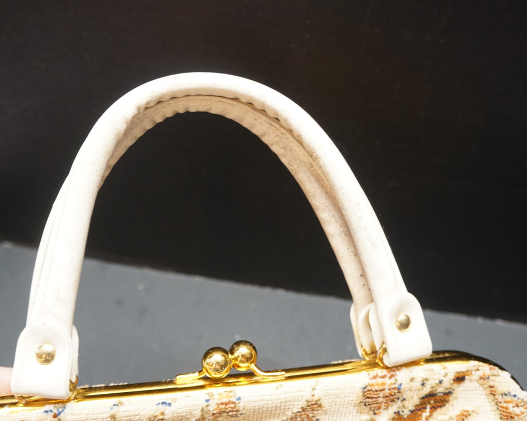 Cream Floral Cut Chenille Carpet Bag Purse 1960s