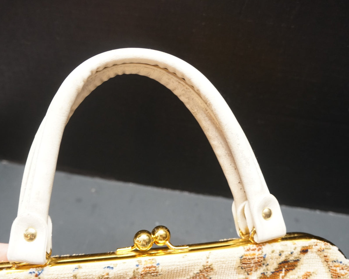 Cream Floral Cut Chenille Carpet Bag Purse 1960s