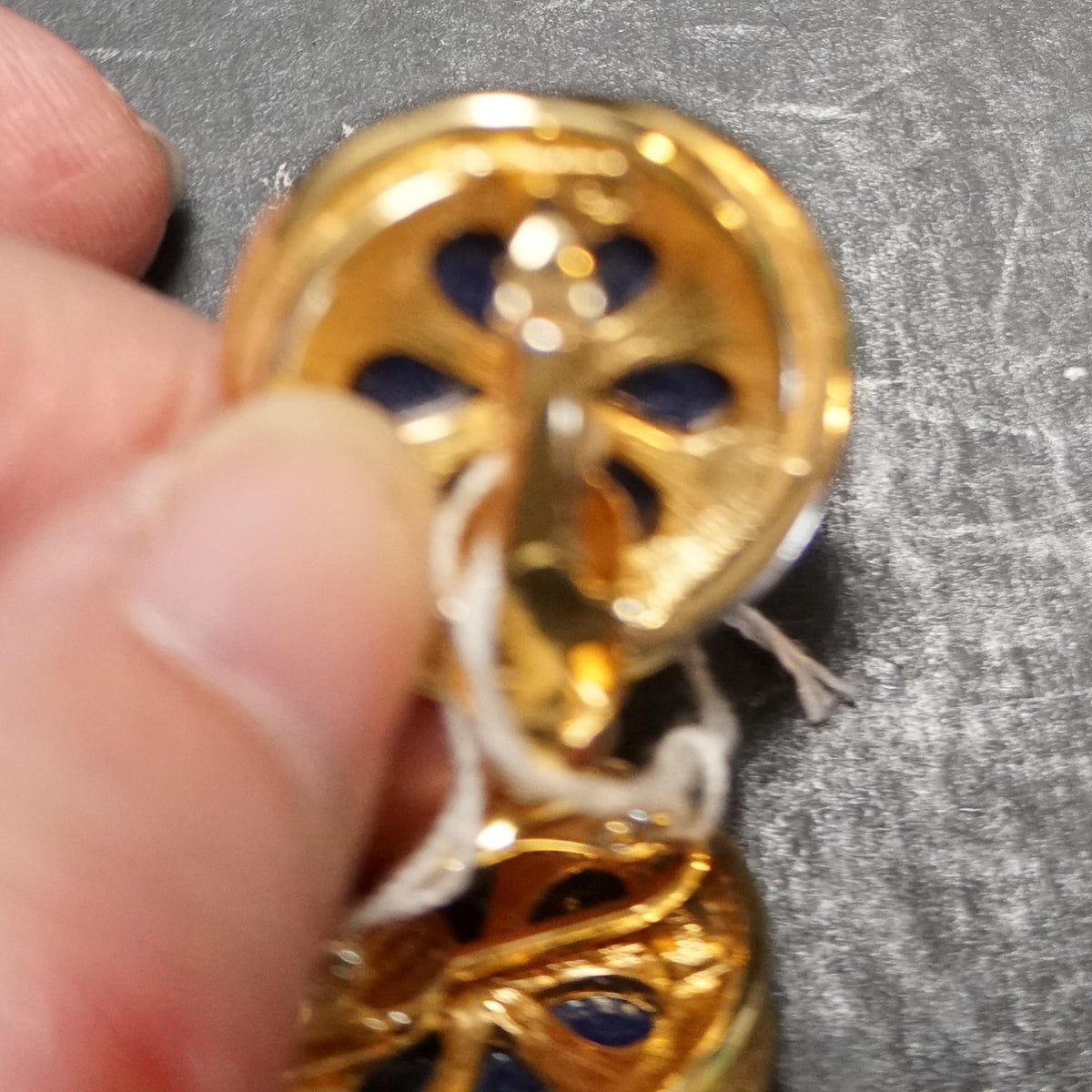 Trifari Navy Blue Lucite Cab Gold Tone Rope Clip Earrings