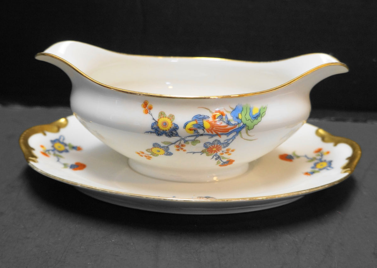 J L Hudson Vignaud Freres Limoges France Bird of Paradise Floral Gravy Boat