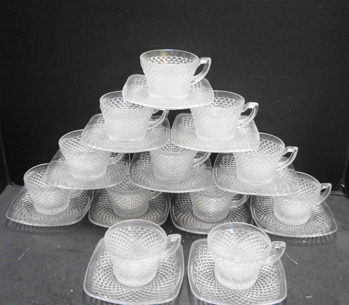Westmoreland English Hobnail Clear Punch Cup Square Saucers Set of 12