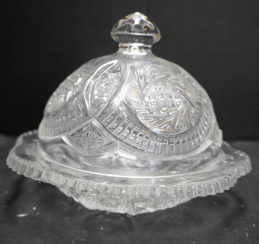LE Smith Sunburst Clear Glass Domed Butter Dish 1980s