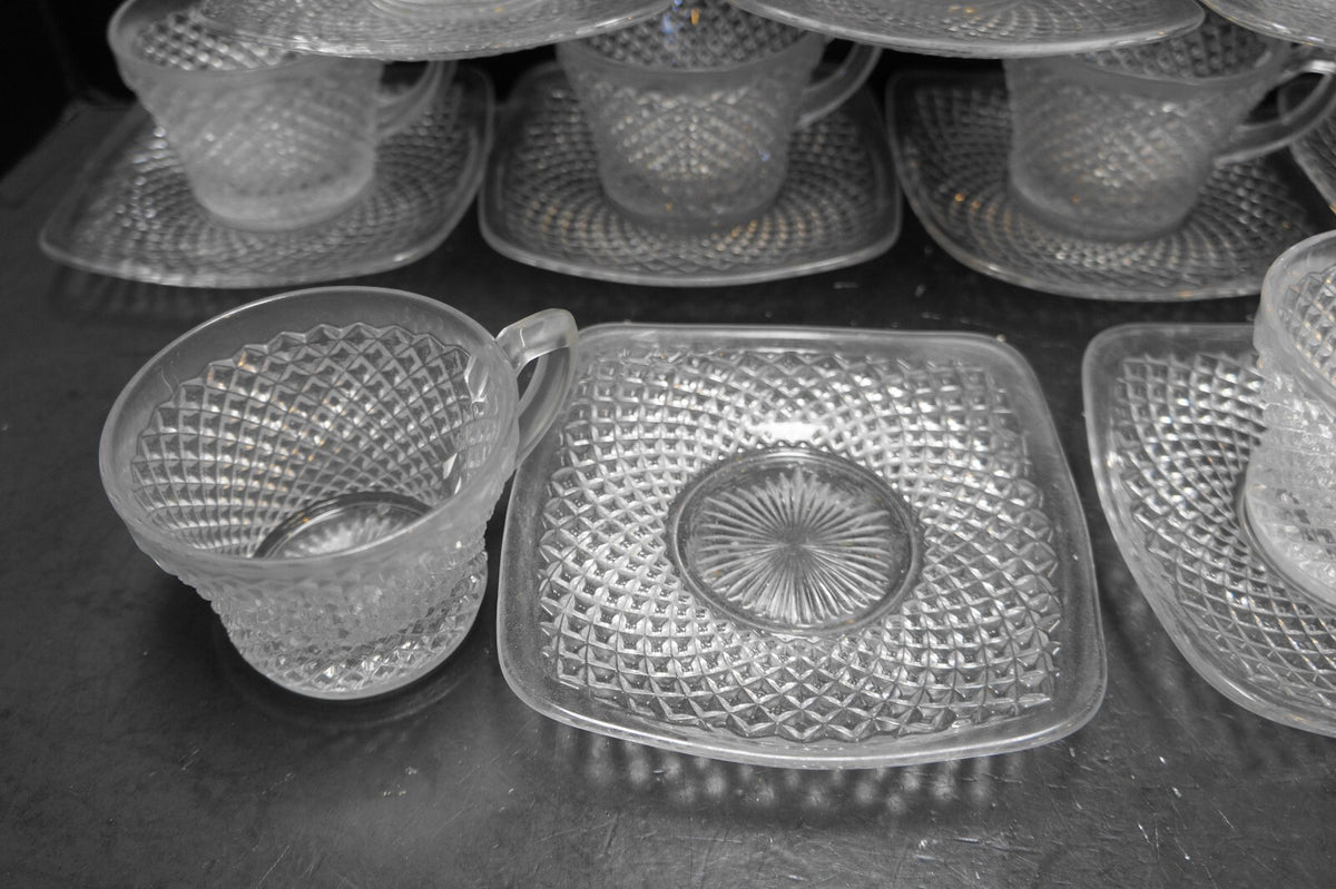 Westmoreland English Hobnail Clear Punch Cup Square Saucers Set of 12