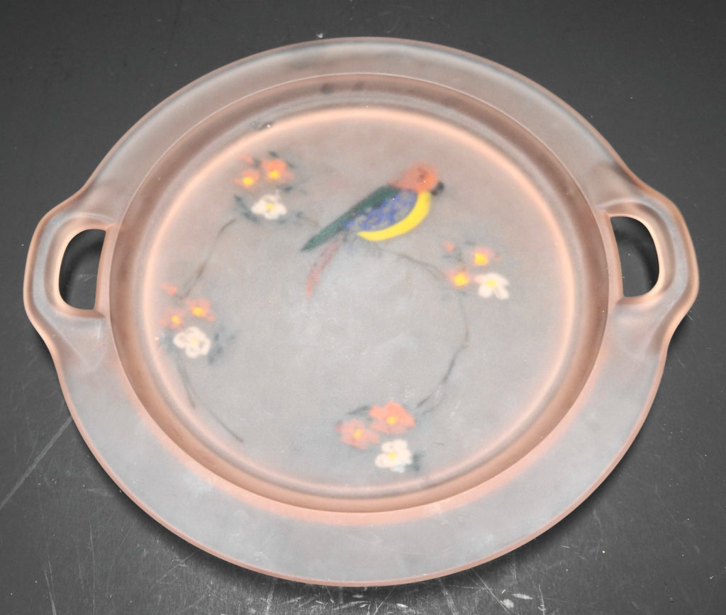 Tiffin Parrot Jungle Assortment Pink Satin Glass Double Handle Cake Plate