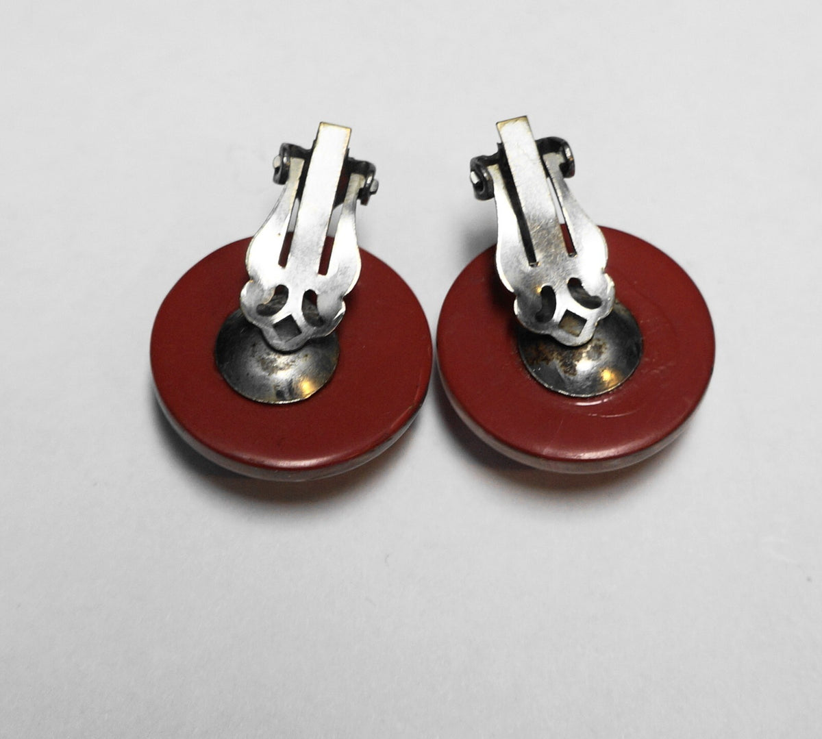 Red Clear Silver Lucite Confetti Earrings Domed Button Clips