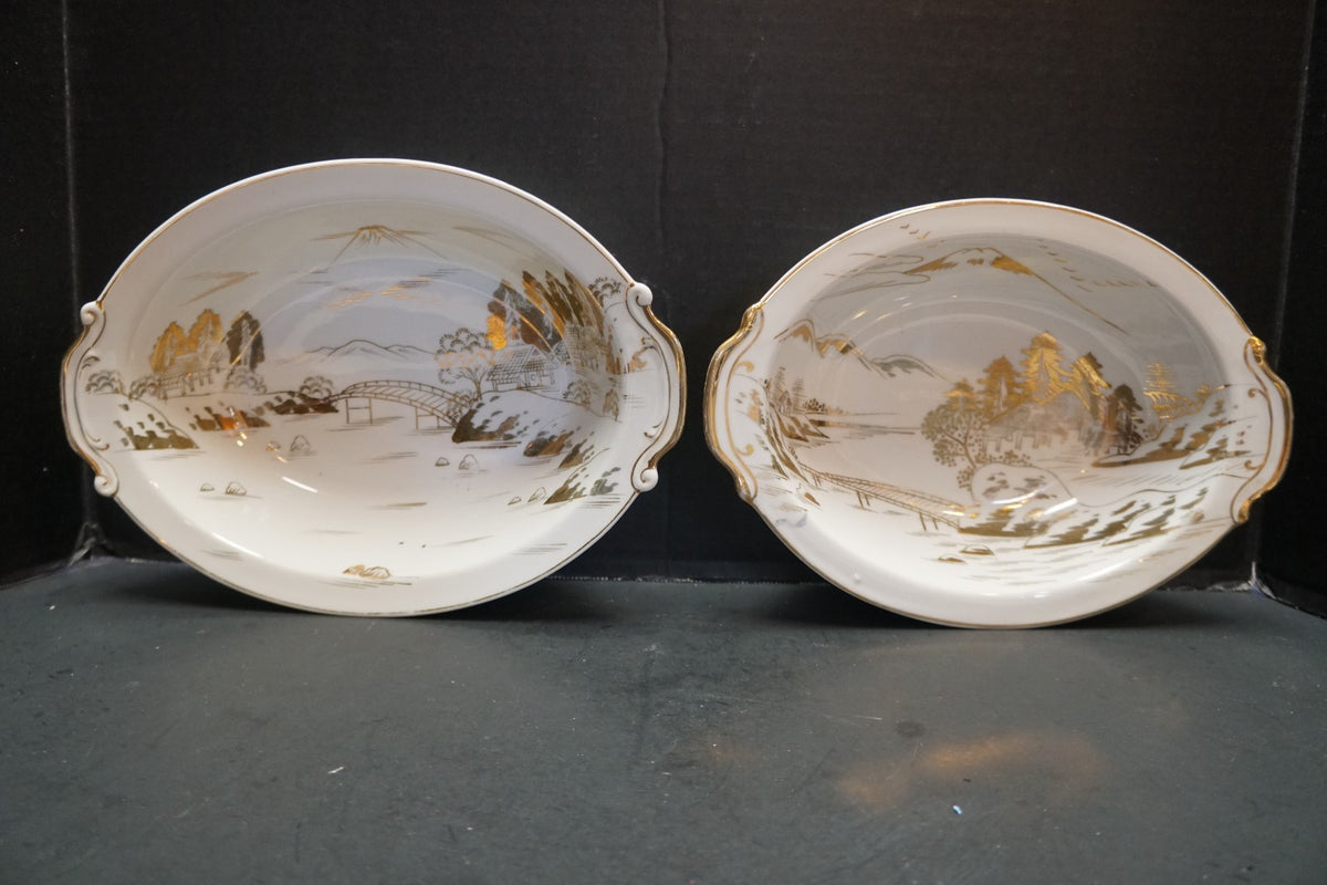 Kutani Gold on White Porcelain Oval Vegetable Bowls Pair Mt Fuji Village Scene