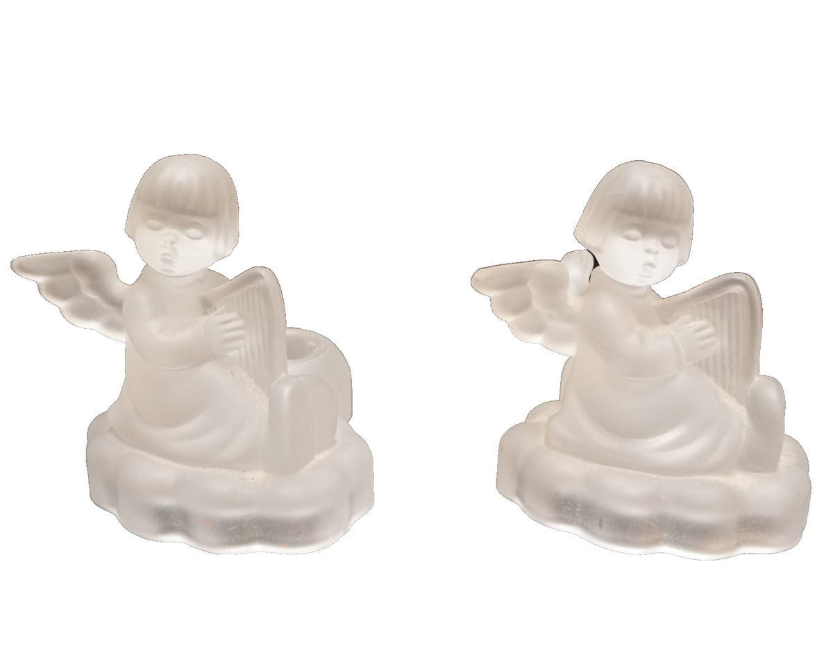 Avon Goebel Hummel Frosted Lead Crystal Angel Figurine Candle Holders Pair 1995