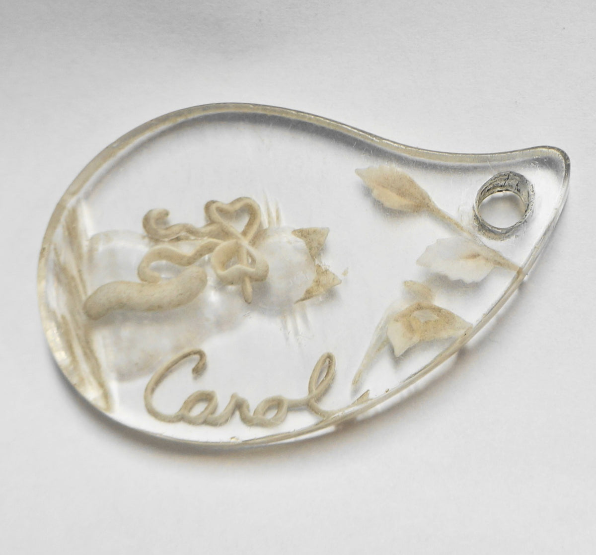 Carved Lucite Carol Name Teardrop Pendant